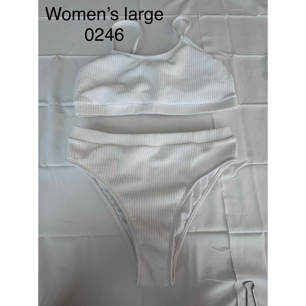 White Ribbed Bikini Set High Waisted Two Piece Swimsuit Scoop Neck Women Large
